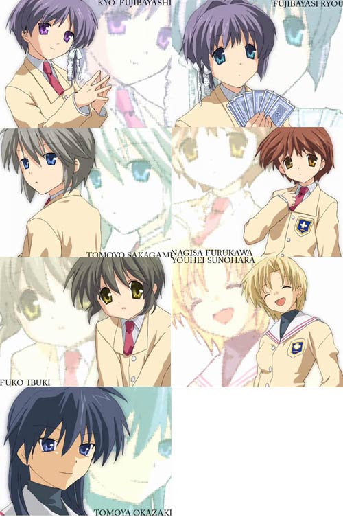 fujibayashi kyou, fujibayashi ryou, furukawa nagisa, ibuki fuuko, ibuki fuutarou, okazaki tomomi, okazaki tomoya, sakagami tomoyo, sunohara youhei, sunohara youko, clannad, 00s, 2girls, 5boys, brothers, genderswap, genderswap (ftm), genderswap (mtf), multiple boys, multiple girls, school uniform, serafuku, siblings, twins
