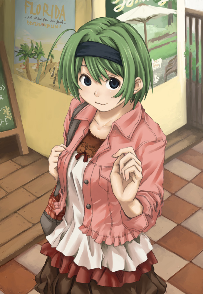 tamaru tokihiko, yoshioka chie, to heart (series), to heart 2, 00s, :3, casual, green hair, hairband, short hair, solo