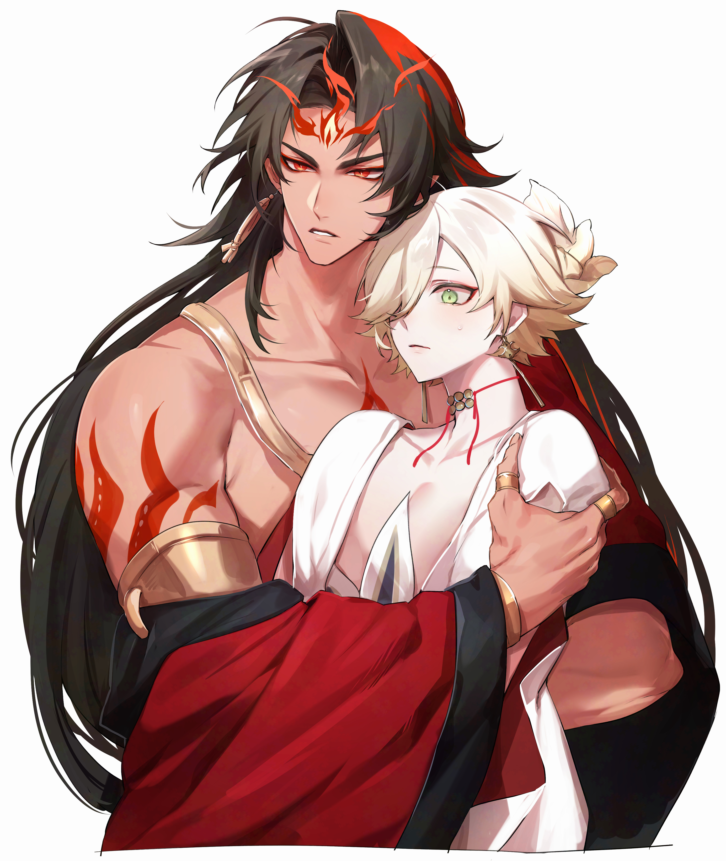 konsai 2, asura (onmyoji), taishakuten (onmyoji), onmyoji, absurdres, commentary request, highres, 2boys, arm tattoo, black hair, blonde hair, chest tattoo, closed mouth, collarbone, earrings, eyeliner, facial mark, girly boy, green eyes, height difference, hug from side, japanese clothes, jewelry, light blush, long hair, looking to the side, makeup, male focus, multicolored hair, multiple boys, multiple rings, red eyeliner, red eyes, red hair, red tattoo, ring, short hair, simple background, tattoo, teeth, two-tone hair, upper body, white background, yaoi