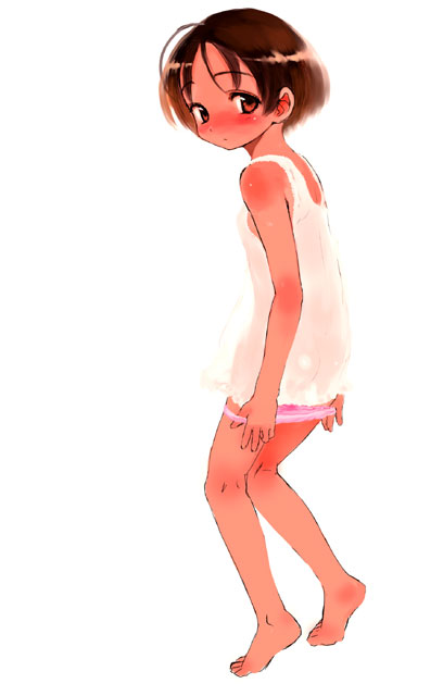 sasahara yuuki, copyright request, 1girl, blush, brown eyes, brown hair, female focus, full body, loli, looking at viewer, panties, panty pull, short hair, simple background, solo, underwear, white background