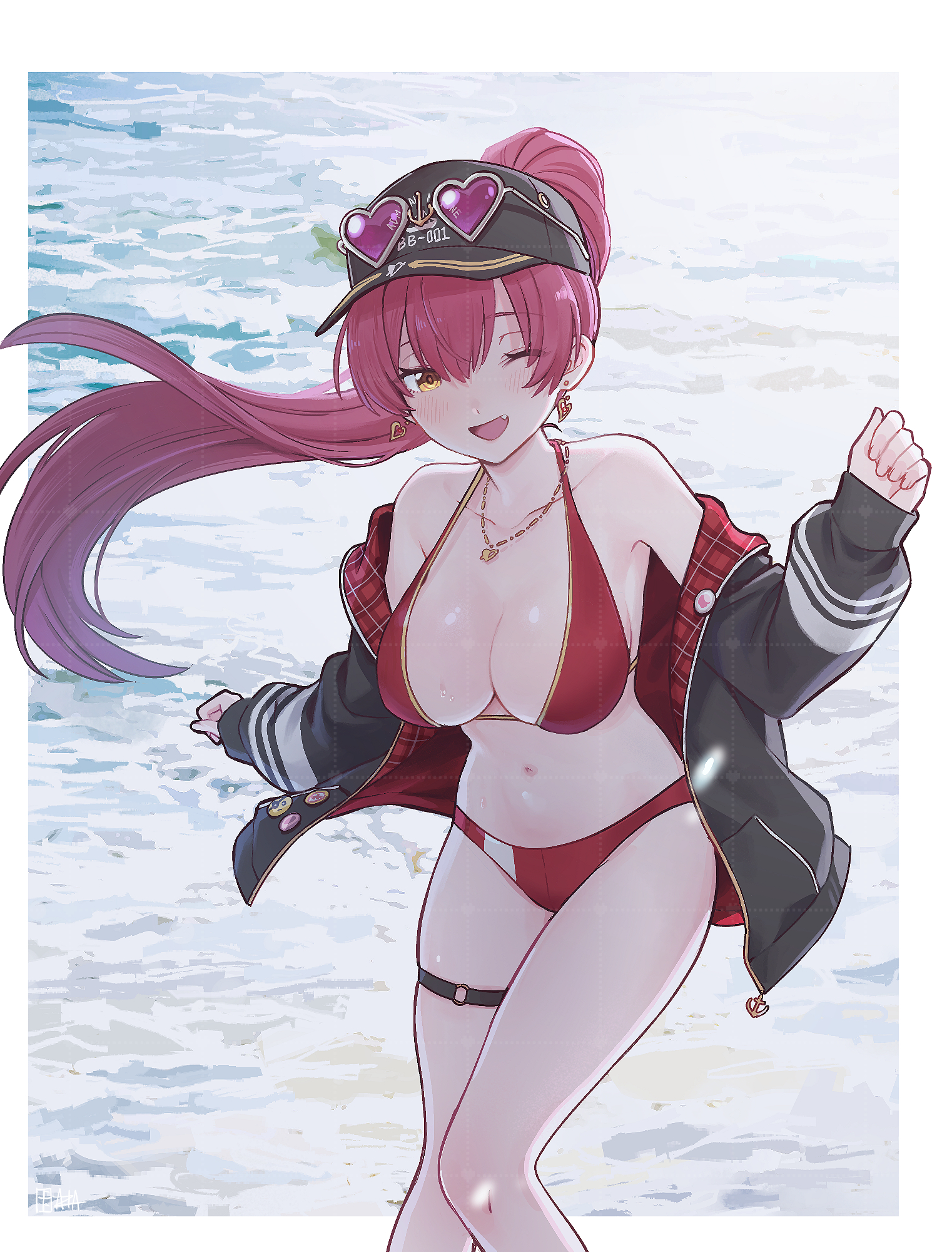 a-ka, houshou marine, houshou marine (summer), hololive, highres, 1girl, baseball cap, bikini, black jacket, breasts, cleavage, earrings, eyewear on headwear, halterneck, hat, heart, heart-shaped eyewear, heart earrings, heart necklace, hood, hooded jacket, jacket, jacket over swimsuit, jewelry, large breasts, long hair, looking at viewer, navel, necklace, o-ring, o-ring thigh strap, ocean, official alternate costume, official alternate hairstyle, open mouth, outdoors, red bikini, red hair, red jacket, solo, stomach, sunglasses, swimsuit, thigh strap, virtual youtuber, yellow eyes