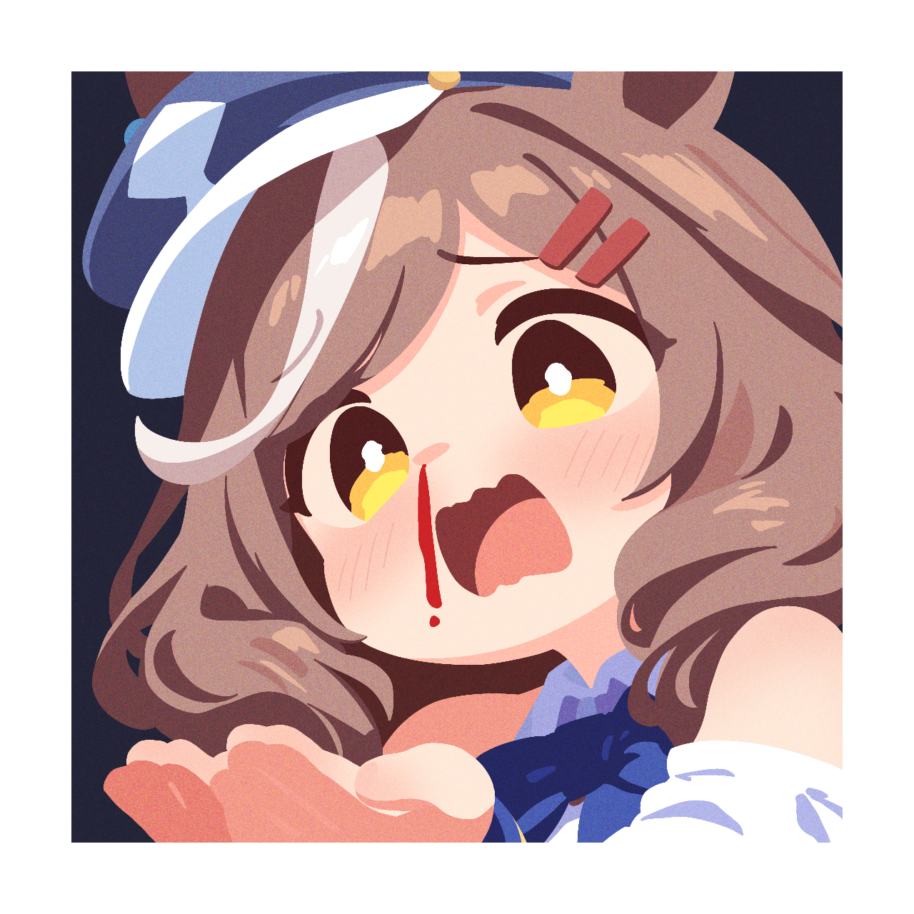 matikanetannhauser (umamusume), umamusume, highres, 1girl, animal ears, blood, blue bow, blue bowtie, blue hat, border, bow, bowtie, brown hair, hair ornament, hair over shoulder, hairclip, hat, horse ears, horse girl, long hair, looking at viewer, multicolored hair, no lineart, nosebleed, off shoulder, open mouth, own hands together, solo, streaked hair, swept bangs, waonaolmao, wavy mouth, white border, white streaks, yellow eyes