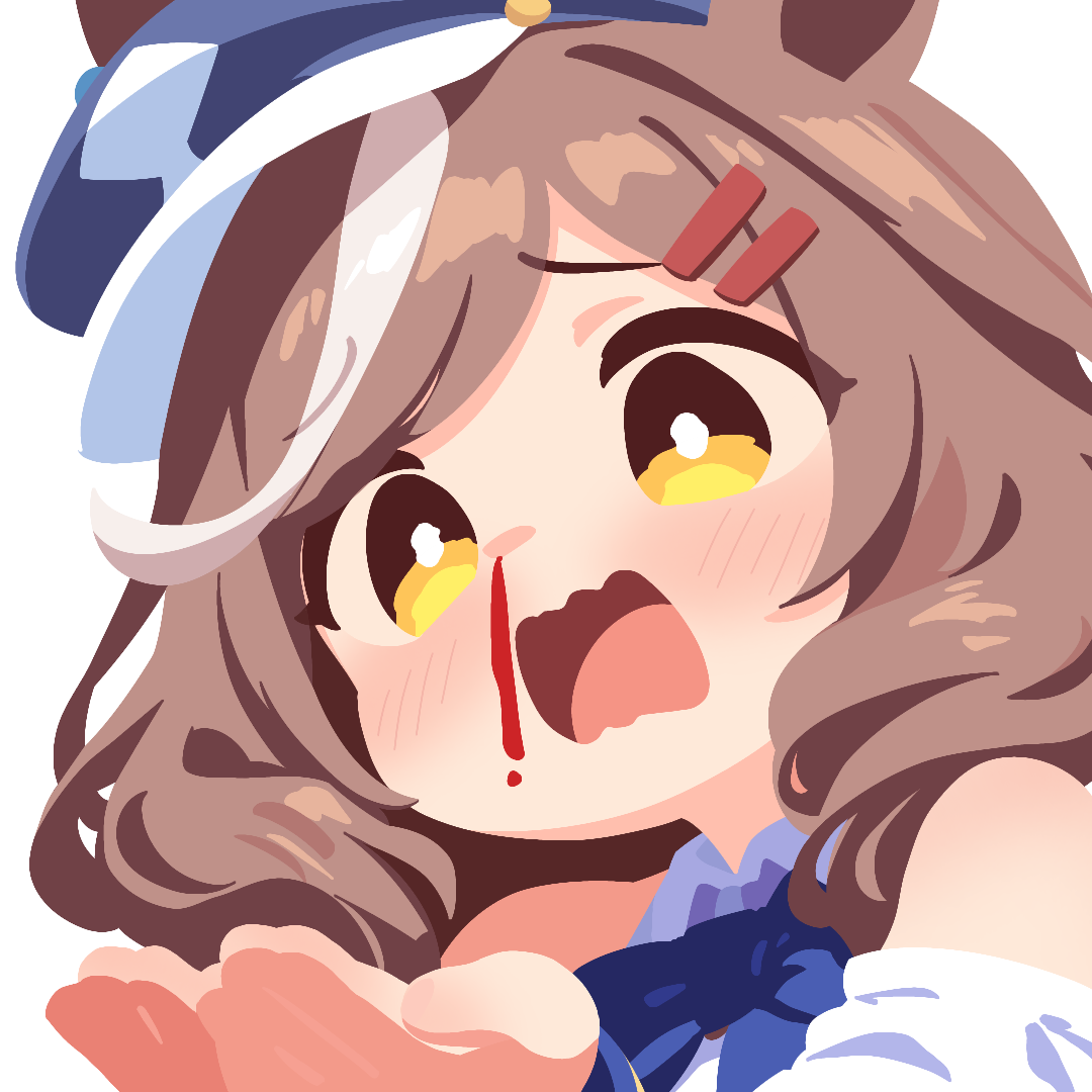 matikanetannhauser (umamusume), umamusume, 1girl, animal ears, blood, blue bow, blue bowtie, blue hat, bow, bowtie, brown hair, hair ornament, hair over shoulder, hairclip, hat, horse ears, horse girl, long hair, looking at viewer, multicolored hair, no lineart, nosebleed, off shoulder, open mouth, own hands together, solo, streaked hair, swept bangs, transparent background, waonaolmao, wavy mouth, white streaks, yellow eyes