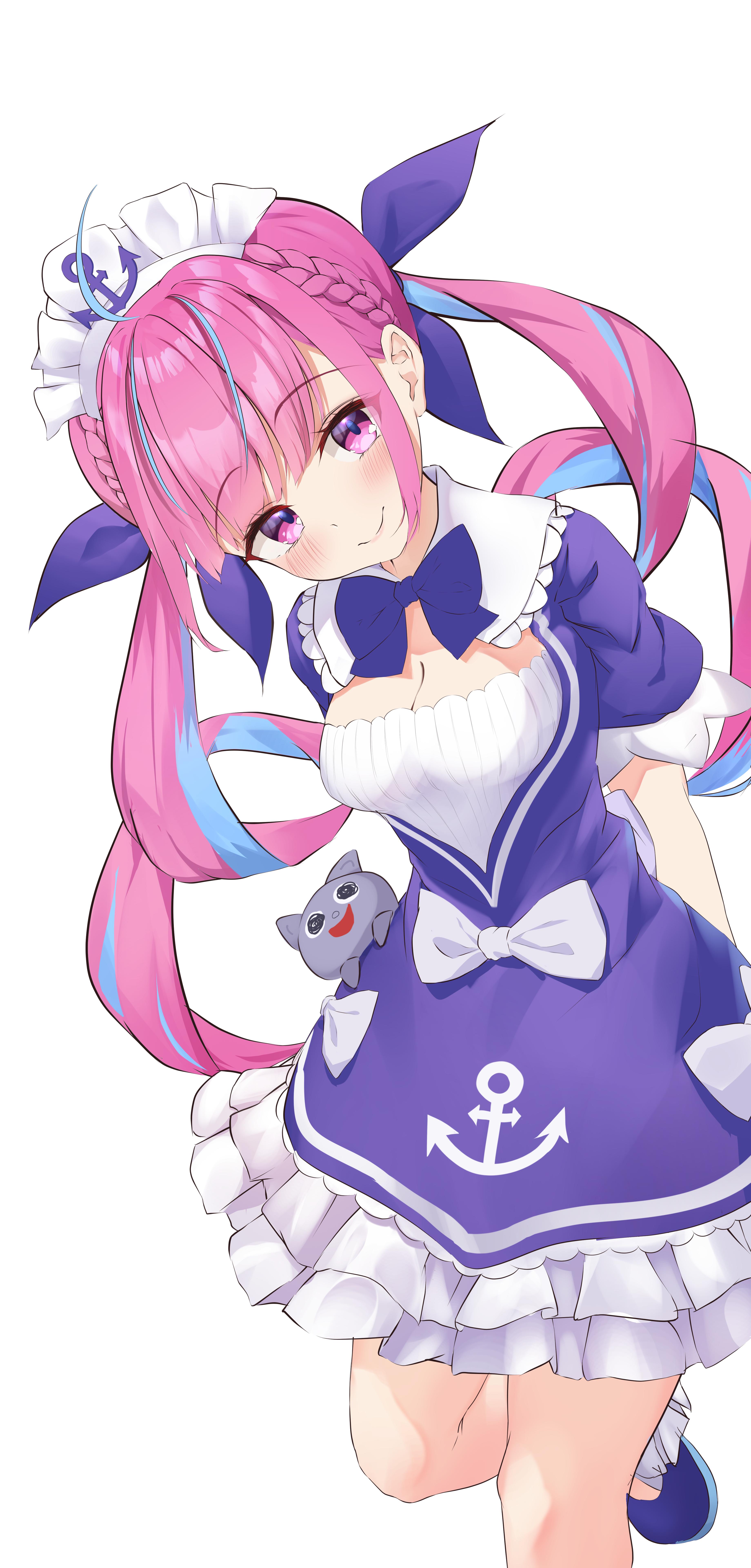 recomend aqua, minato aqua, minato aqua (1st costume), neko (minato aqua), hololive, absurdres, commentary, highres, 1girl, ahoge, anchor hat ornament, anchor print, anchor symbol, aqua hair, blue shoes, blush, bow, bowtie, braid, breasts, cleavage, closed mouth, colored inner hair, curly hair, dress, hair ribbon, hat ornament, head tilt, large breasts, long hair, looking at viewer, maid, maid headdress, multicolored hair, pink eyes, pink hair, pink lips, purple bow, purple bowtie, purple dress, purple ribbon, ribbon, shoes, short sleeves, simple background, smile, streaked hair, thighs, twintails, two-tone hair, virtual youtuber, white background, white bow