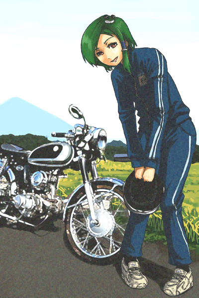 pe-tan, kochiya sanae, touhou, vehicle, 1girl, alternate costume, contemporary, female focus, full body, motor vehicle, motorcycle, outdoors, plant, sky, solo, standing, track suit