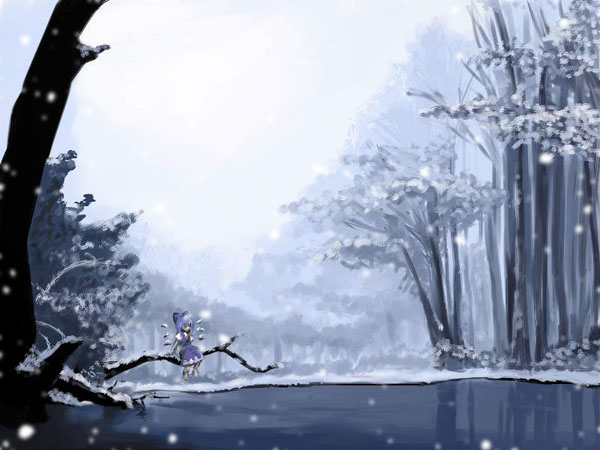 pe-tan, cirno, perfect cherry blossom, touhou, 1girl, blue hair, female focus, nature, picture otaku only knows, pond, scenery, short hair, sitting, snow, solo, tree, water, wings, winter