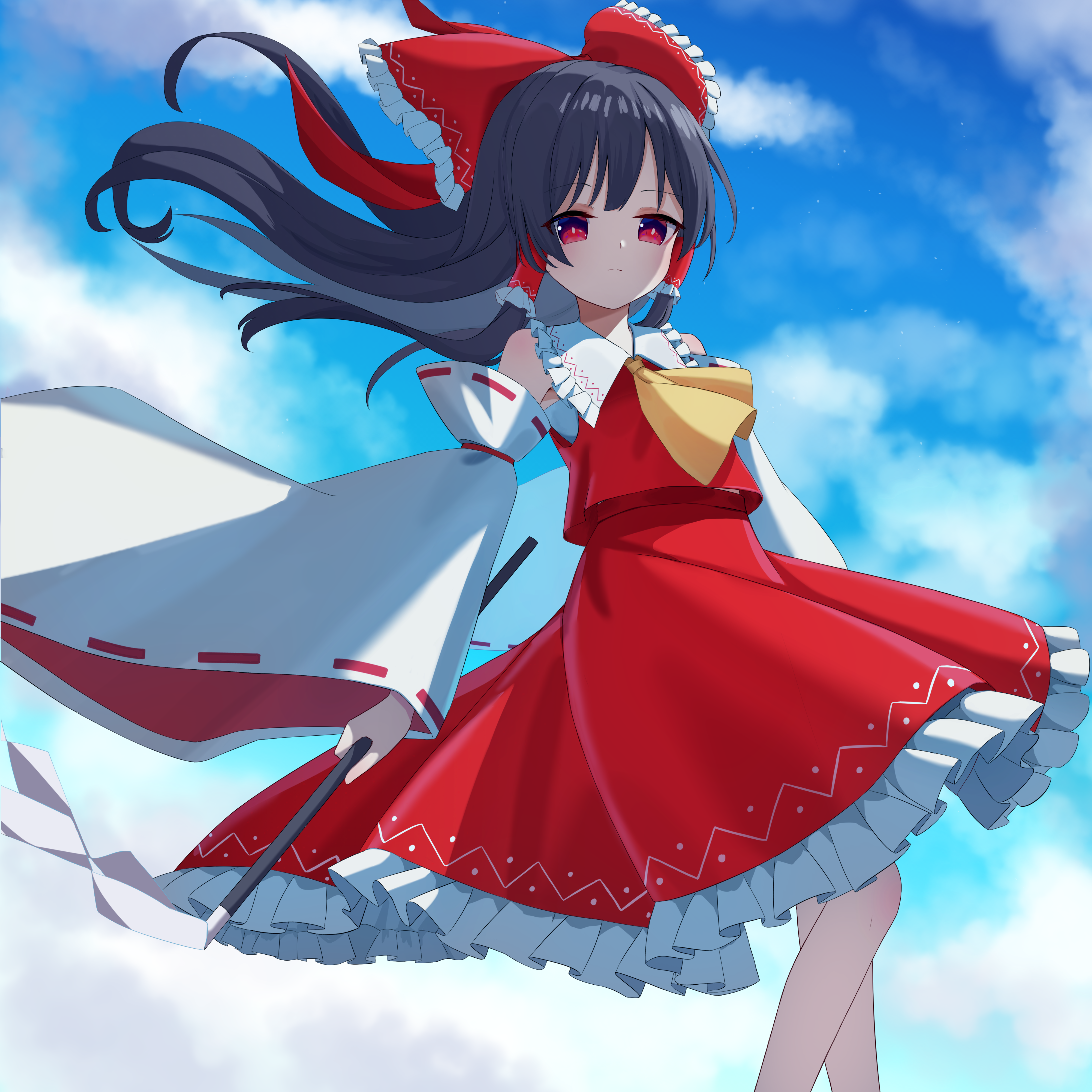16sanrach, hakurei reimu, touhou, absurdres, commentary, highres, 1girl, ascot, black hair, blue sky, bow, cloud, day, detached sleeves, frilled bow, frilled hair tubes, frilled skirt, frills, gohei, hair bow, hair tubes, holding, holding gohei, long hair, red bow, red eyes, red skirt, ribbon-trimmed sleeves, ribbon trim, skirt, skirt set, sky, solo, yellow ascot