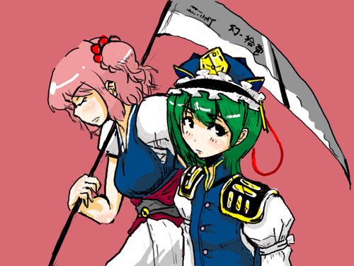 pe-tan, onozuka komachi, shiki eiki, touhou, lowres, 2girls, female focus, multiple girls, scythe, simple background