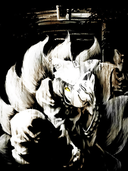 pe-tan, yakumo ran, touhou, 1girl, brown theme, female focus, fox mask, fox tail, hat, kitsune, kyuubi, mask, monochrome, multiple tails, solo, spot color, tail, yellow eyes