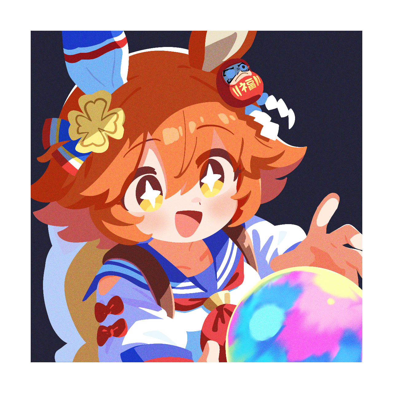 matikanefukukitaru (umamusume), umamusume, highres, + +, 1girl, :d, animal ears, blue sailor collar, border, clothing cutout, collarbone, daruma doll, ear covers, hair ornament, horse ears, horse girl, light blush, looking at object, no lineart, open mouth, orange hair, raised eyebrows, sailor collar, short hair, shoulder cutout, single ear cover, smile, solo, waonaolmao, white border, yellow eyes