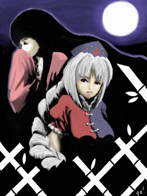 pe-tan, houraisan kaguya, yagokoro eirin, touhou, silver hair, 2girls, black hair, female focus, hat, long hair, moon, multiple girls