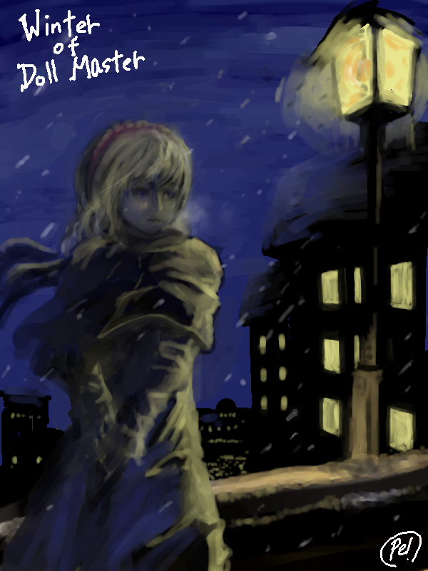 pe-tan, alice margatroid, touhou, 1girl, blonde hair, blue dress, building, capelet, dress, female focus, frills, from behind, lamp, lamppost, lantern, looking at viewer, looking back, night, night sky, outdoors, short hair, sky, snow, solo, star (sky), starry sky, text focus, upper body