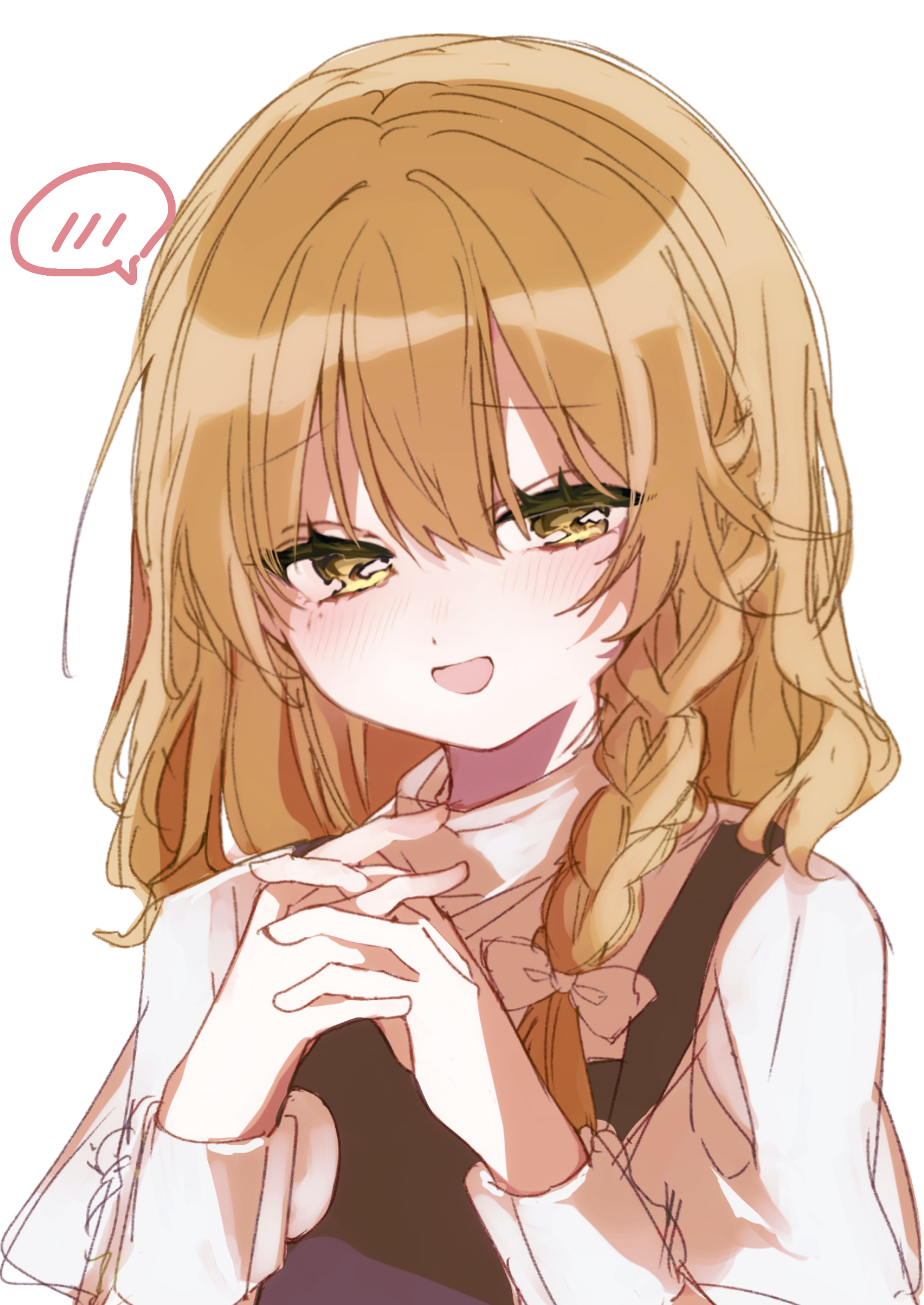 hayuk0, kirisame marisa, touhou, commentary request, highres, 1girl, black vest, blonde hair, blush, bow, braid, hair bow, interlocked fingers, no headwear, open mouth, own hands together, side braid, simple background, single braid, smile, solo, spoken blush, vest, white background, white bow, yellow eyes