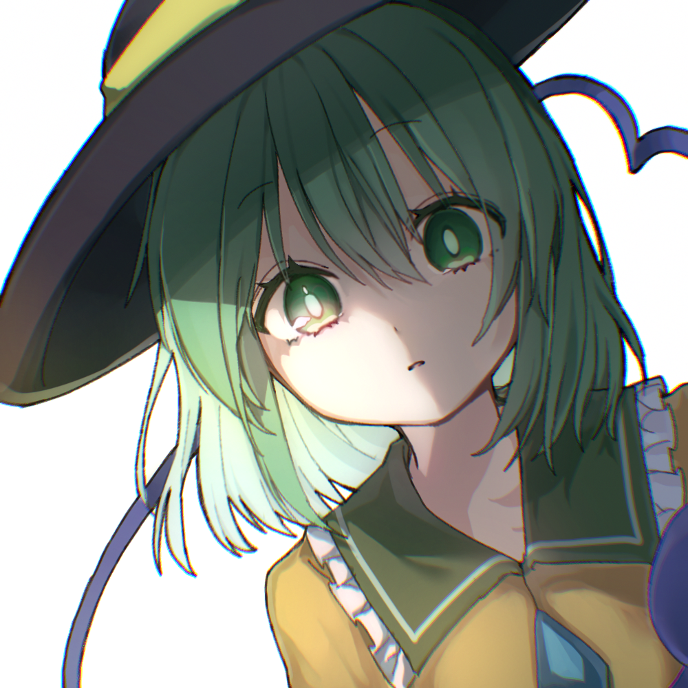 hayuk0, komeiji koishi, touhou, commentary request, 1girl, black hat, buttons, collared shirt, diamond button, eyeball, frilled shirt collar, frills, green eyes, green hair, hat, looking at viewer, shirt, simple background, solo, third eye, white background, yellow shirt