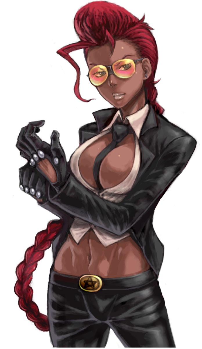 asazero, matsumoto tomoyohi, crimson viper, capcom, street fighter, street fighter iv (series), highres, 1girl, between breasts, braid, breasts, cleavage, dark-skinned female, dark skin, female focus, glasses, gloves, large breasts, mature female, necktie, necktie between breasts, oekaki, pompadour, solo