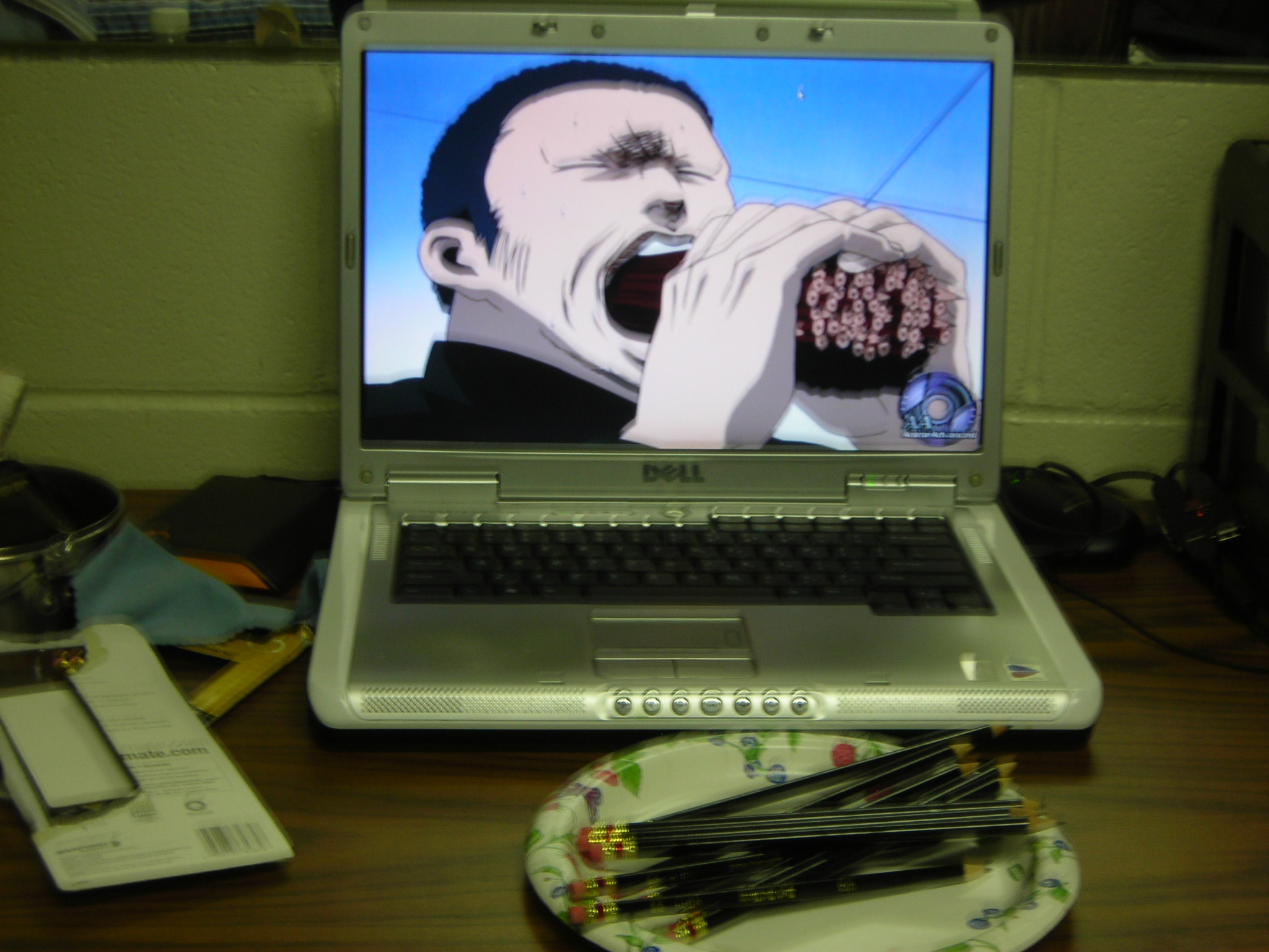 dell, sakigake!! cromartie koukou, highres, photo (medium), 2d dating, computer, computer keyboard, eating, laptop, lonely, no humans, parody, pencil, pencils, school, what, wooden pencil