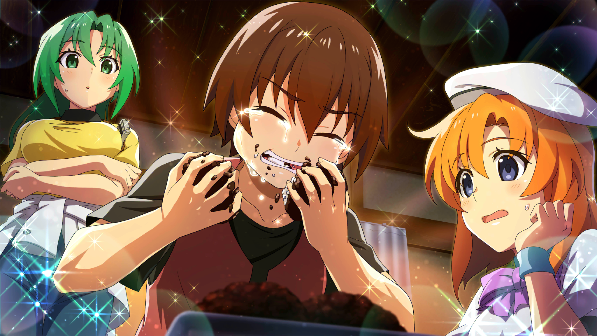 maebara keiichi, ryuuguu rena, sonozaki mion, higurashi no naku koro ni, higurashi no naku koro ni mei, artist request, game cg, highres, non-web source, official art, 1boy, 2girls, blue eyes, blue pants, bow, brown hair, brown shirt, closed eyes, clothes around waist, crossed arms, crying, eating, food, food on face, green eyes, green hair, hat, holding, holding food, indoors, jacket, jacket around waist, long hair, looking at another, medium hair, multiple girls, open mouth, orange hair, pants, purple bow, shirt, sparkle, streaming tears, sweatdrop, tears, white hat, white shirt, yellow shirt