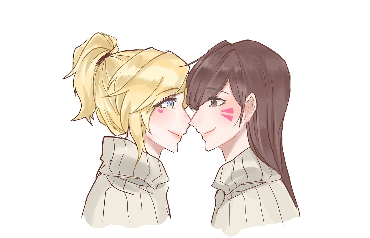 d.va (overwatch), mercy (overwatch), overwatch, overwatch 1, 2girls, blue eyes, blush, brown eyes, facial mark, female focus, heart, long hair, looking at another, multiple girls, ponytail, servadakin, sweater, turtleneck, turtleneck sweater, white background