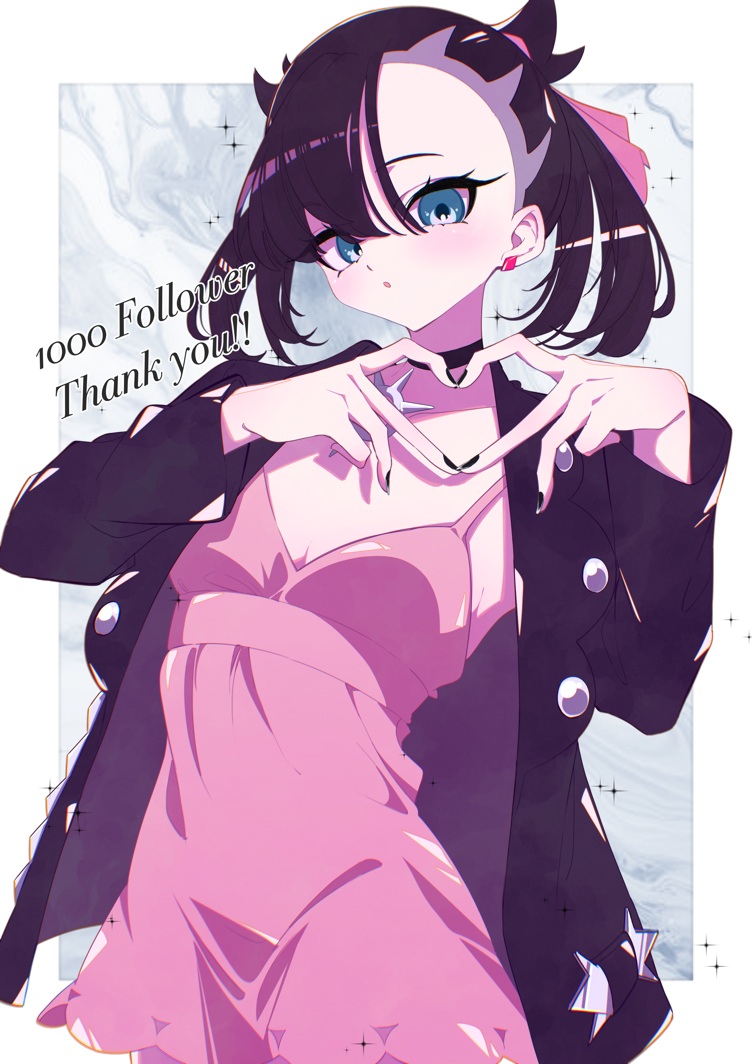 marie (pixiv59672544), marnie (pokemon), absurdres, highres, 1girl, :o, aqua eyes, asymmetrical bangs, black choker, black hair, black jacket, black nails, breasts, choker, cleavage, dress, earrings, heart, heart hands, jacket, jewelry, open clothes, open jacket, parted lips, pink dress, small breasts, solo, stud earrings, twintails, undercut