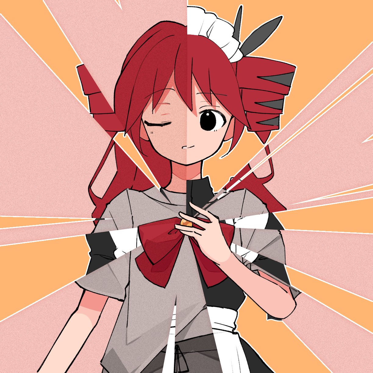 tu gumi, kasane teto, kasane teto (sv), synthesizer v, utau, highres, 1girl, apron, black dress, black eyes, bow, bowtie, brooch, closed mouth, dress, drill hair, facing viewer, grey shirt, grey shorts, hair bow, hand on own chest, jewelry, long hair, looking at viewer, magic maid (synthesizer v), maid apron, maid headdress, one eye closed, open mouth, orange background, pink background, red hair, shirt, short hair, short sleeves, shorts, split theme, straight-on, twin drills, upper body