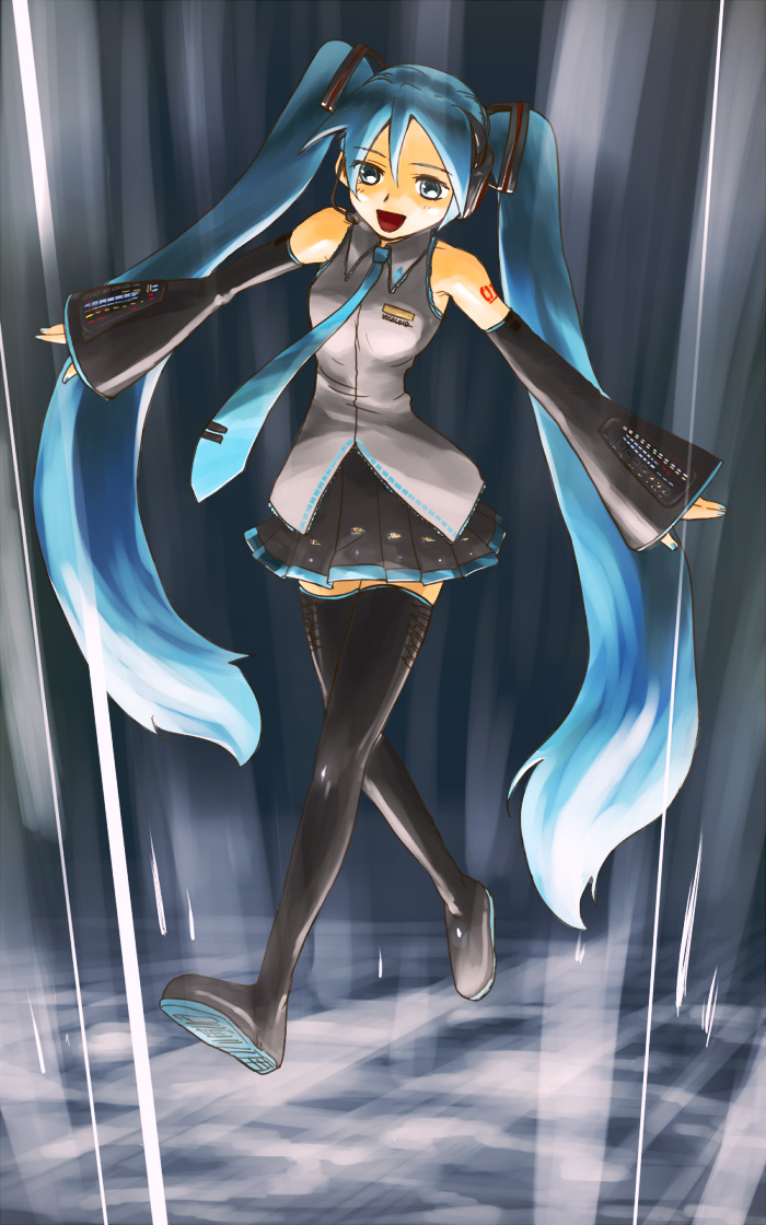 aoba (smartbeat), aoba, hatsune miku, vocaloid, bad id, bad pixiv id, aoba!, aqua eyes, aqua hair, detached sleeves, long hair, necktie, solo, thighhighs, twintails, very long hair