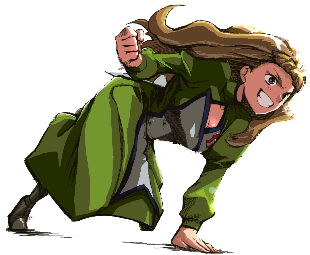 aoba (smartbeat), aoba, haruka armitage, my-otome, 00s, 1girl, aoba!, arm support, blonde hair, cleavage cutout, clenched hand, clenched teeth, clothing cutout, dress, female focus, full body, green dress, grin, long hair, oekaki, smile, solo, teeth, white background