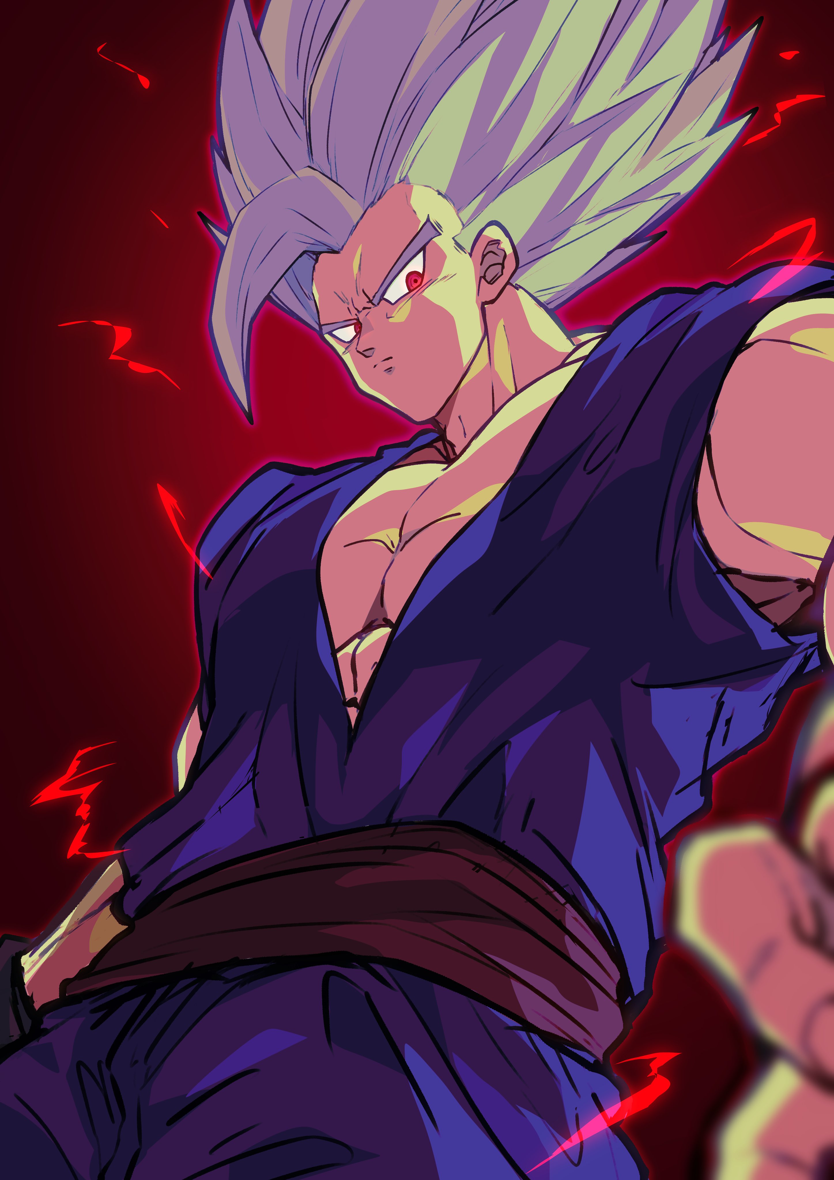 otyumamii, gohan beast, son gohan, dragon ball, dragon ball super, dragon ball super super hero, absurdres, commentary request, highres, 1boy, blurry, crackling energy, depth of field, dougi, floating hair, looking down, looking to the side, male focus, muscular, muscular male, pants, purple dougi, purple pants, red background, red eyes, red sash, sash, single bang, solo, spiked hair, transformation, upper body, white hair