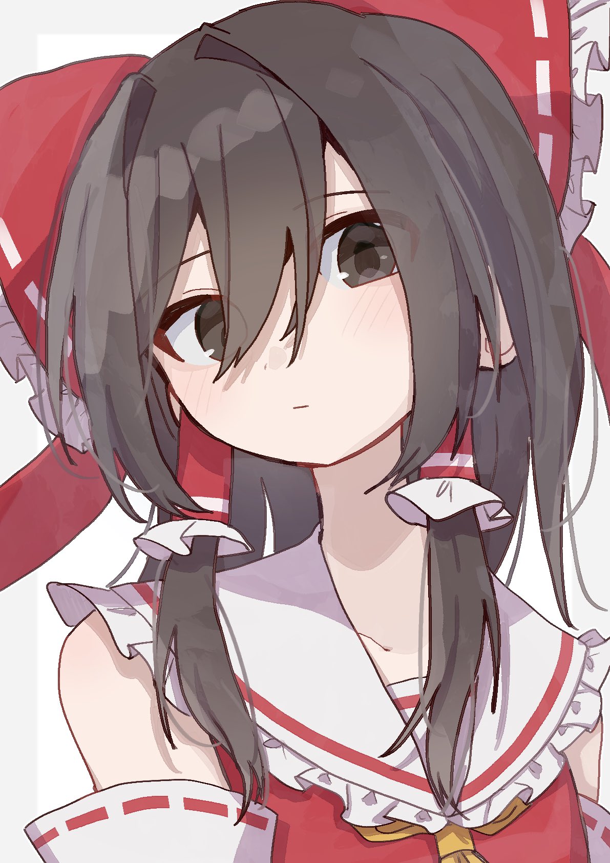 yuzupon (yuzuponpon), hakurei reimu, touhou, commentary, highres, 1girl, ascot, bare shoulders, black eyes, black hair, bow, collarbone, detached sleeves, frilled bow, frilled hair tubes, frilled shirt collar, frills, hair between eyes, hair bow, hair tubes, looking at viewer, nontraditional miko, red bow, red shirt, ribbon-trimmed sleeves, ribbon trim, shirt, simple background, sleeveless, sleeveless shirt, solo, white background, yellow ascot