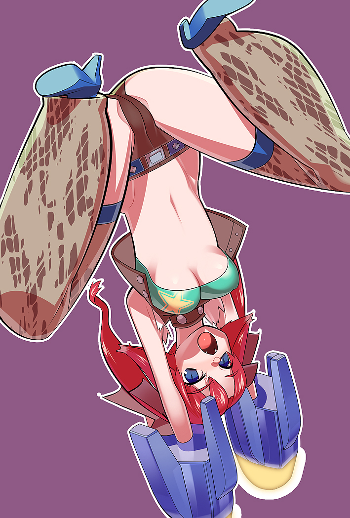 tensugi takashi, phantasy star, phantasy star universe, bad id, bad pixiv id, >:o, 1girl, :o, animal ears, attack, belt, blue eyes, breasts, chaps, cowboy western, crop top, cropped jacket, energy weapon, fangs, female focus, hair ribbon, high heels, jumping, large breasts, looking down, midriff, navel, no headwear, purple background, red hair, revealing clothes, ribbon, shoes, short shorts, shorts, simple background, solo, strapless, thighhighs, tube top, twintails, underboob, upside-down, v-shaped eyebrows