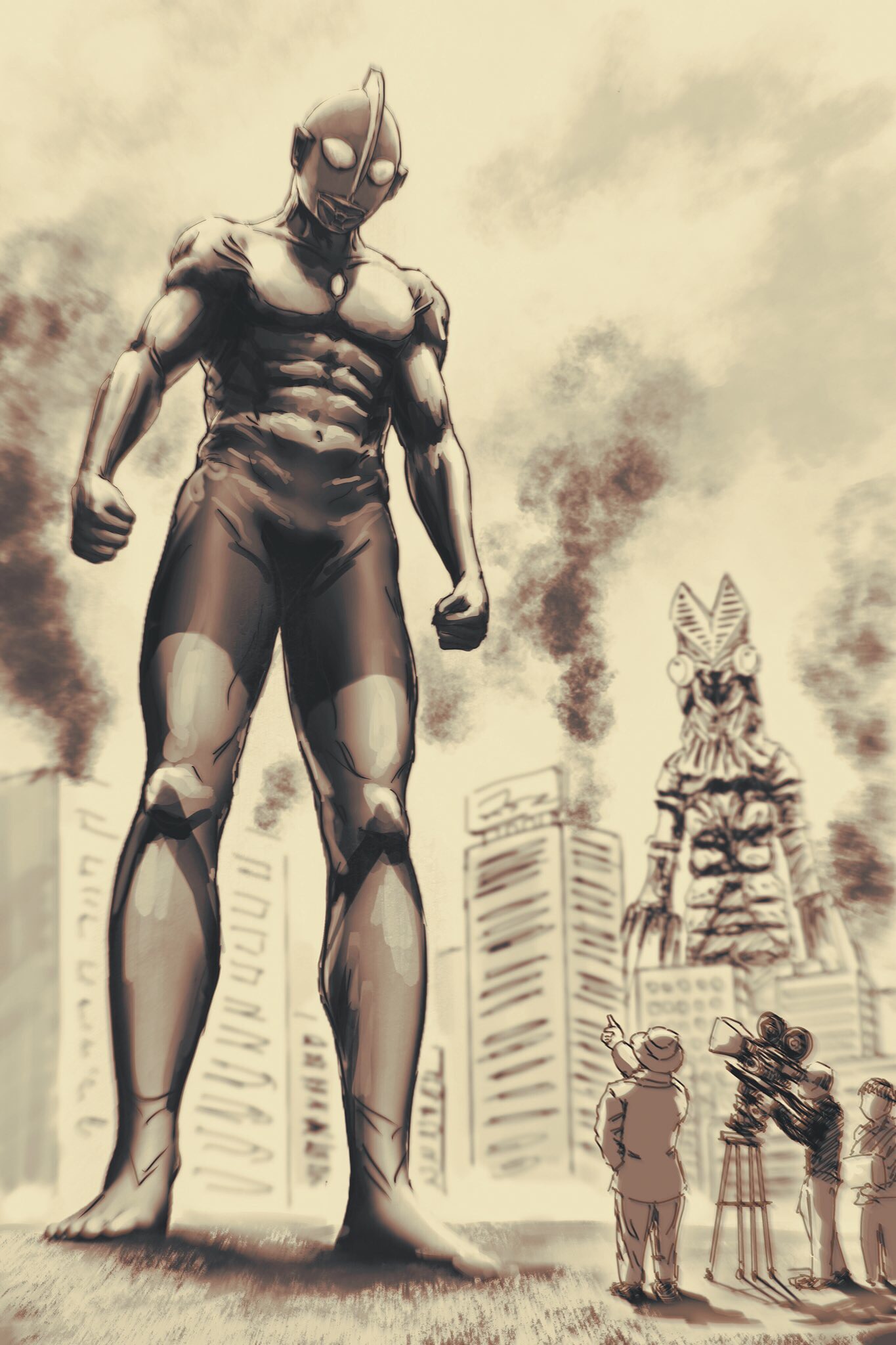 kakesoba, baltan seijin, tsuburaya eiji, ultraman, ultra series, ultraman (1st series), commentary, highres, 5boys, abs, alien, balding, barefoot, billboard, black hair, black shirt, blurry, blurry background, building, camera, chest jewel, city, clenched hands, closed mouth, formal clothes, from below, giant, giant monster, grass, hand in pocket, hat, holding, looking down, megaphone, monochrome, multiple boys, muscular, muscular male, navel, no mouth, no nose, no pupils, pants, pincers, pointing, recording, sepia, shirt, short hair, size difference, sky, skyscraper, smoke, standing, suit, tokusatsu, white pants