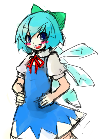 luft (luft dokka), cirno, shoot the bullet, touhou, lowres, 1girl, bow, female focus, sketch, smile, solo