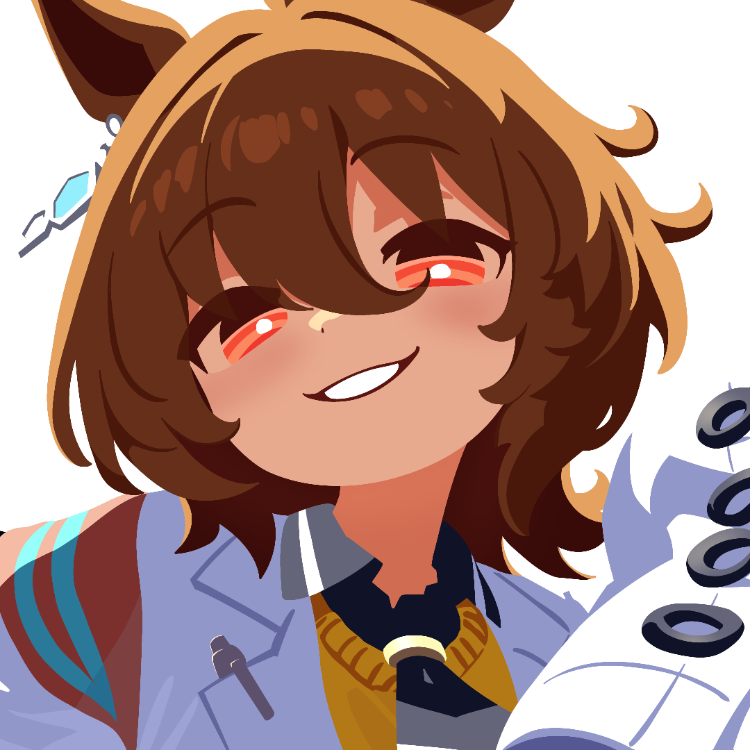 agnes tachyon (umamusume), umamusume, 1girl, animal ears, brown hair, brown sweater, ear ornament, grin, head tilt, horse ears, horse girl, lab coat, looking at viewer, medium hair, necktie, no lineart, red eyes, shade, sleeves past fingers, sleeves past wrists, smile, solo, sweater, transparent background, very long sleeves, waonaolmao