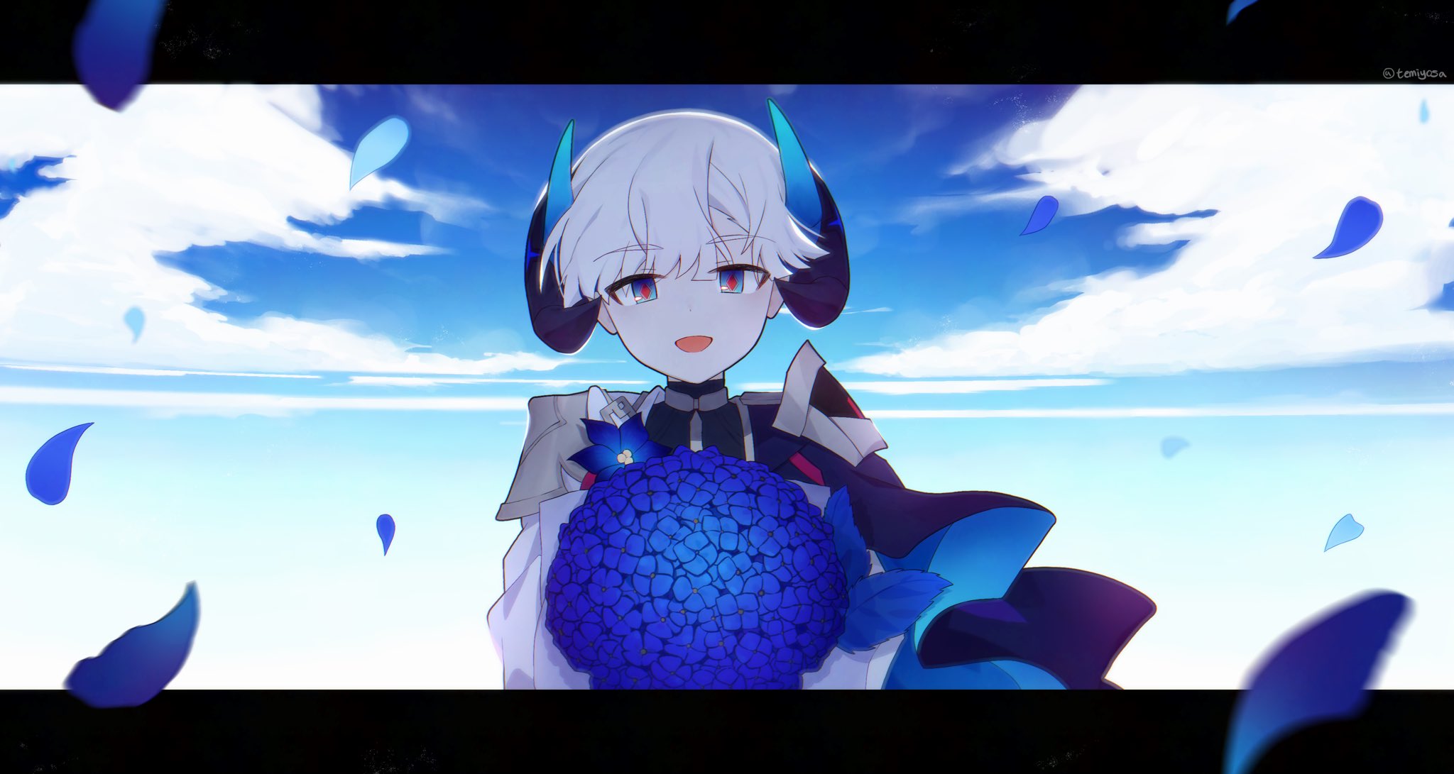 elsword, highres, 1boy, blue cape, blue eyes, blue flower, blue sky, bouquet, cape, cloud, demon boy, demon horns, flower, flower on chest, holding, holding bouquet, holding flower, horns, male focus, petals, portrait, red pupils, shirt, side cape, sky, smile, symbol-shaped pupils, tarith (elsword), temiyosa, two-sided cape, two-sided fabric, white hair, white shirt