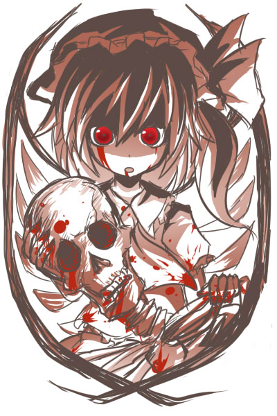 haro (artist), flandre scarlet, touhou, 1girl, blood, collared shirt, female focus, monochrome, red theme, shirt, skeleton, skull, solo, wings