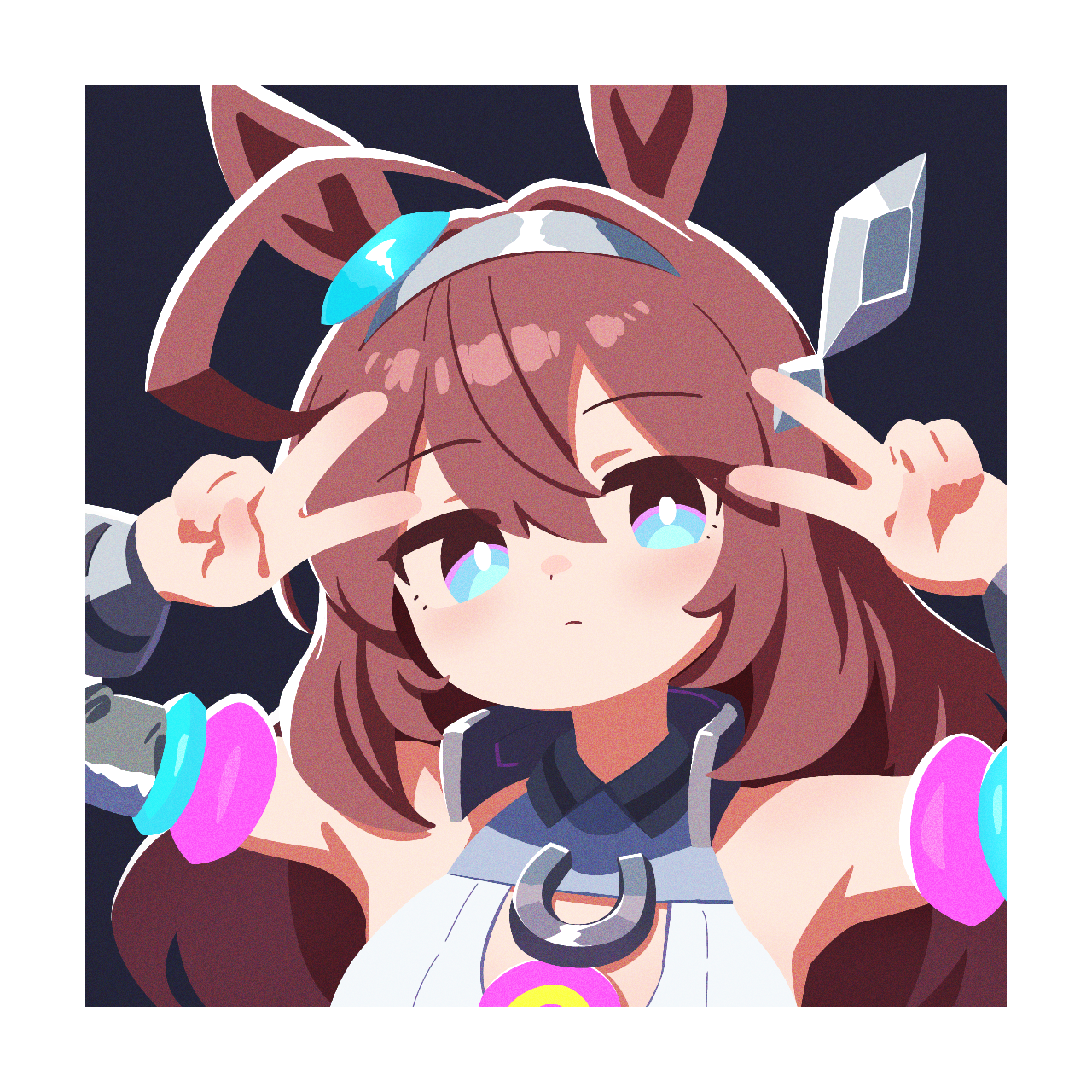 mihono bourbon (umamusume), umamusume, highres, 1girl, ahoge, animal ears, armpits, black background, blue eyes, border, bright pupils, brown hair, closed mouth, detached sleeves, double-parted bangs, double v, expressionless, film grain, grey hairband, grey sleeves, hair between eyes, hairband, horse ears, horseshoe ornament, long hair, no lineart, portrait, shirt, simple background, sleeveless, sleeveless shirt, solo, v, waonaolmao, white border, white pupils, white shirt