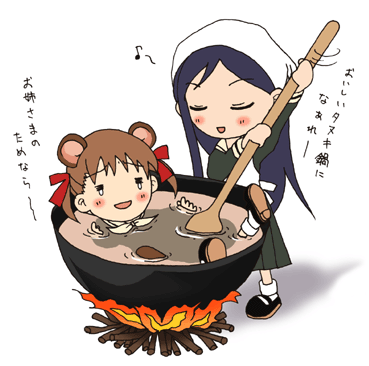 fukuzawa yumi, ogasawara sachiko, maria-sama ga miteru, lowres, translated, 00s, animal ears, bad food, cauldron, closed eyes, cooked alive, cooking, fire, raccoon ears, school uniform, serafuku, spoon, tears, wooden spoon