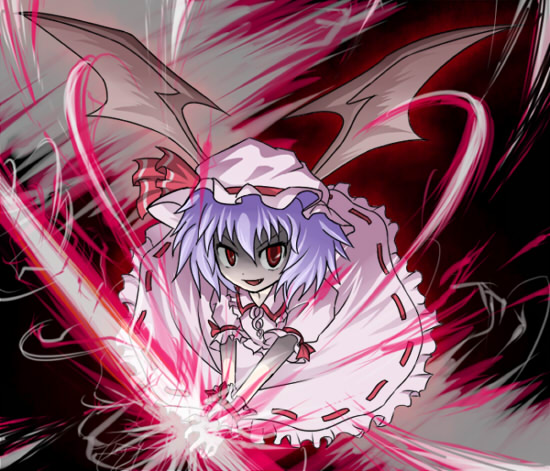 haro (artist), remilia scarlet, touhou, light, 1girl, :d, bat wings, dress, female focus, flying, frills, hat, looking at viewer, mob cap, open mouth, puffy short sleeves, puffy sleeves, red eyes, shaded face, short sleeves, smile, solo, vampire, white dress, wings