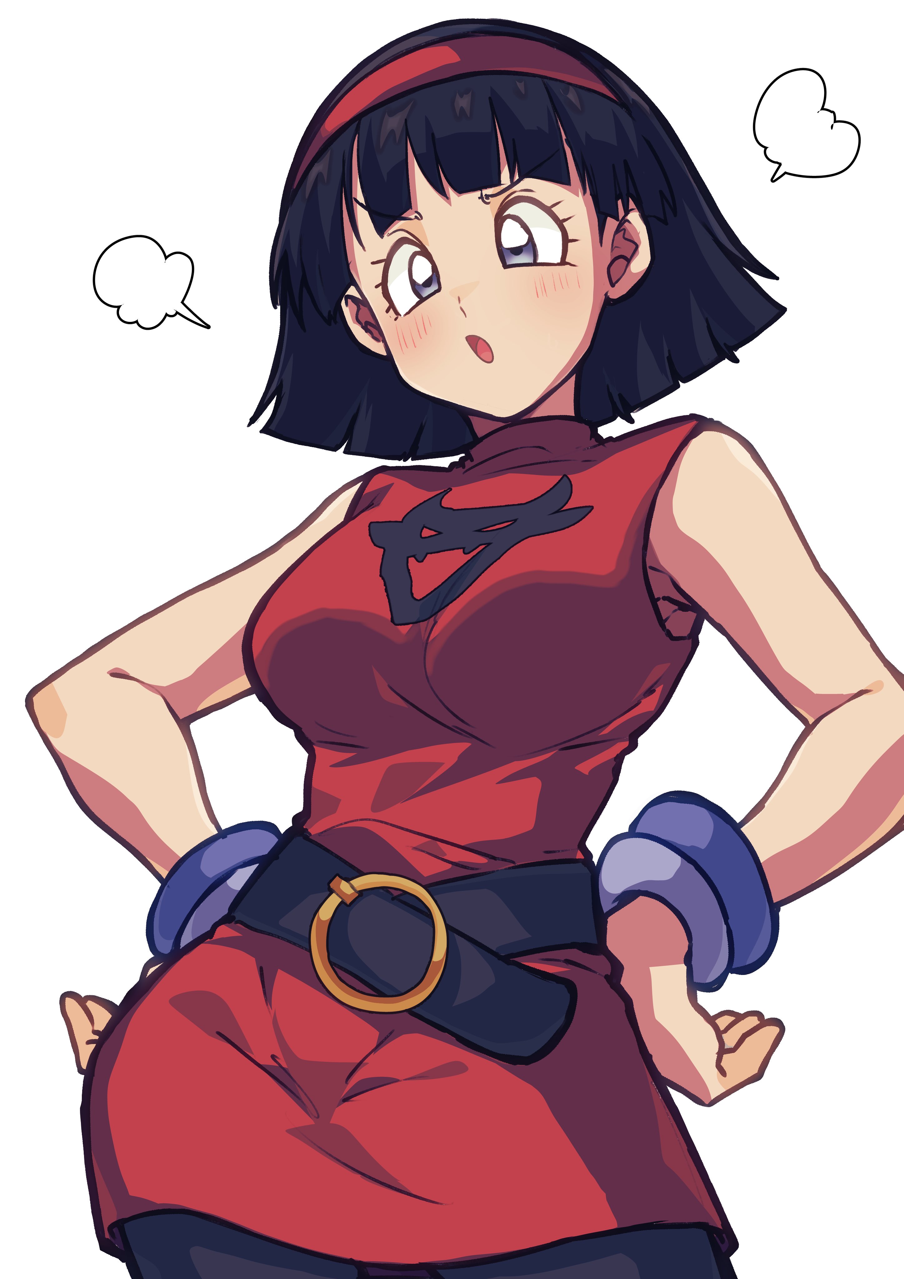 otyumamii, videl, dragon ball, dragon ball super, absurdres, commentary request, highres, 1girl, belt, black belt, black hair, black leggings, blue eyes, blunt bangs, blunt ends, bob cut, bracelet, breasts, cowboy shot, dress, hairband, hands on own hips, jewelry, large breasts, leggings, looking down, open mouth, puff of air, red dress, red hairband, short hair, sleeveless, sleeveless dress, solo, turtleneck, turtleneck dress, white background