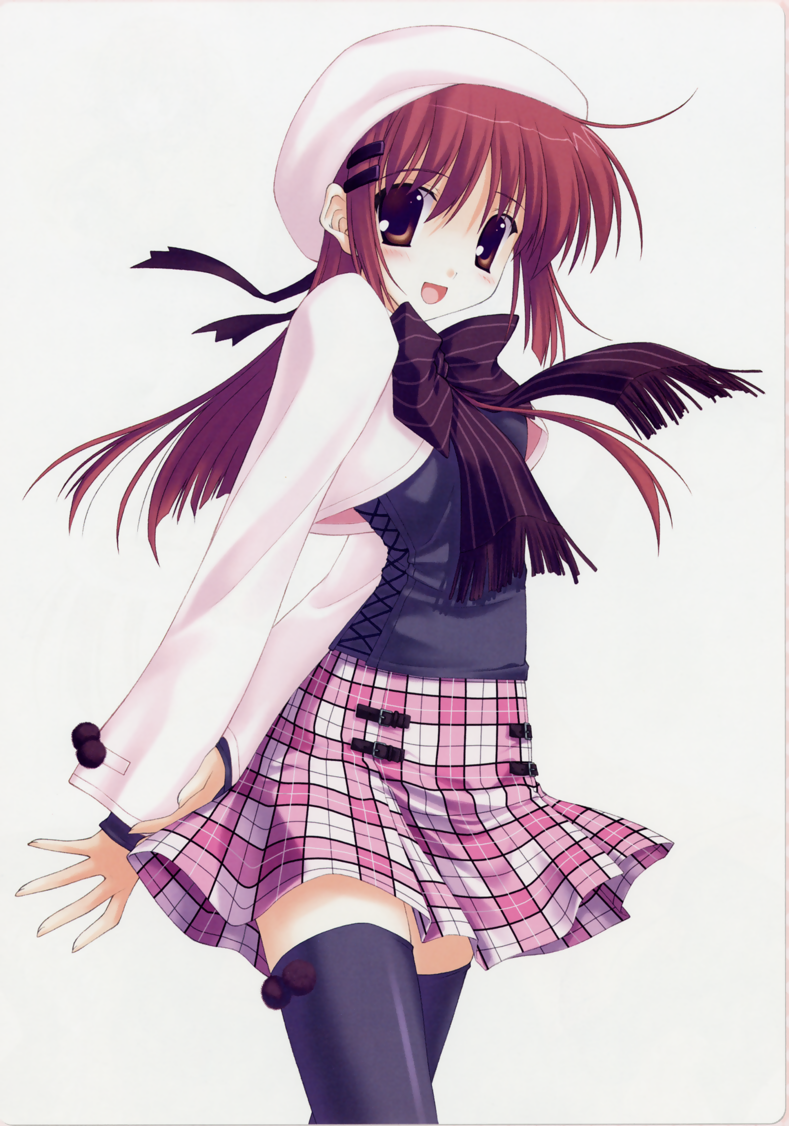 naru nanao, shirakawa kotori, da capo, purple neckwear, striped neckwear, highres, 1girl, black shirt, black thighhighs, blush, bow, bowtie, brown eyes, brown hair, hair ornament, hairclip, jacket, long hair, long sleeves, looking at viewer, open mouth, pink skirt, plaid clothes, plaid skirt, school uniform, shirt, skirt, smile, thighhighs, white background, white jacket, zettai ryouiki