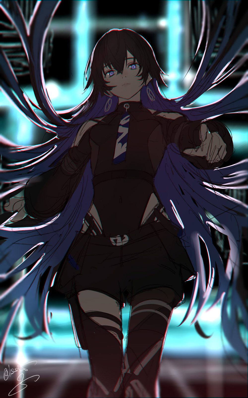 isshiki (ffmania7), koko (kamitsubaki studio), kamitsubaki studio, highres, backlighting, bare shoulders, belt, black sleeves, black thighhighs, blurry, blurry background, earrings, hair between eyes, jewelry, long hair, looking at viewer, mole, mole under eye, navel, pointing, pointing at viewer, purple eyes, purple hair, signature, sketch, thigh strap, thighhighs