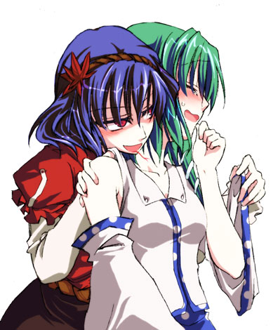 izana, izana minagi, kochiya sanae, yasaka kanako, touhou, lowres, 2girls, female focus, hair ornament, leaf hair ornament, multiple girls, rape face, white background, yuri
