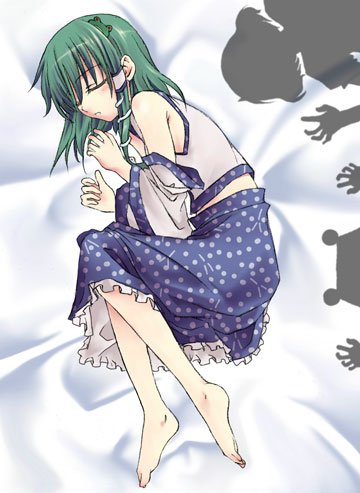 izana, izana minagi, kochiya sanae, moriya suwako, yasaka kanako, touhou, lowres, 1girl, barefoot, bed, closed eyes, female focus, fetal position, shadow, sleeping, solo, you gonna get raped
