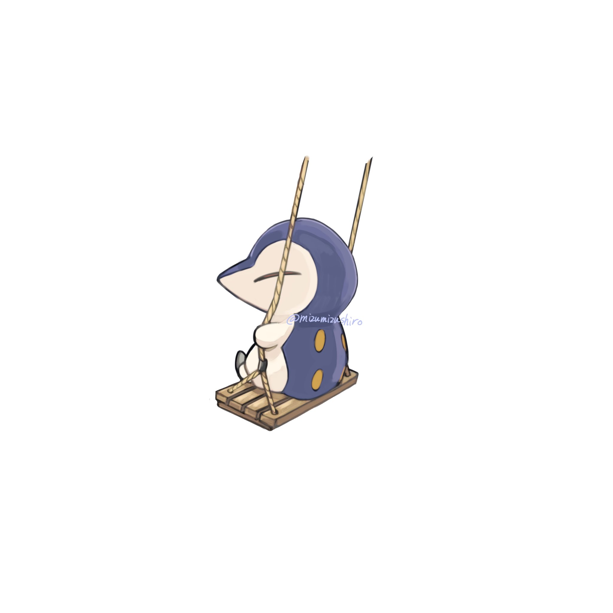 mizu shiro, cyndaquil, nintendo, pokemon, highres, animal focus, closed eyes, closed mouth, from side, gen 2 pokemon, no humans, on swing, pokemon (creature), pokemon focus, simple background, sitting, swing, white background
