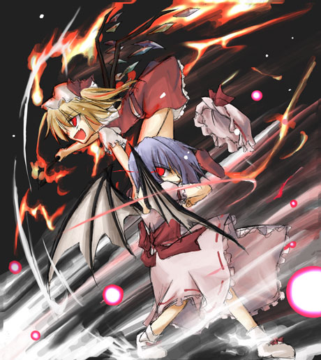 izana, izana minagi, flandre scarlet, remilia scarlet, touhou, 2girls, female focus, hat, mob cap, multiple girls, siblings, sisters, unworn hat, unworn headwear, wings