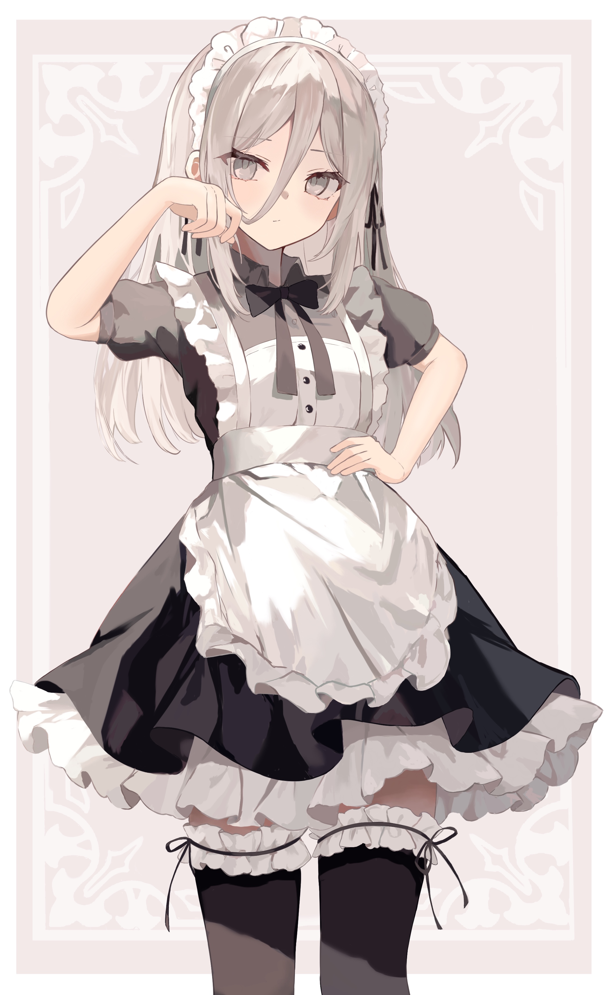 shiro (pixiv 61168247), original, absurdres, commentary request, highres, 1girl, apron, black bow, black bowtie, black dress, black thighhighs, bow, bowtie, closed mouth, collared dress, cowboy shot, double-parted bangs, dress, frilled apron, frilled sleeves, frilled thighhighs, frills, grey background, grey eyes, grey hair, hair between eyes, hand on own hip, hand up, long hair, looking at viewer, maid, maid headdress, short sleeves, solo, thighhighs, white apron