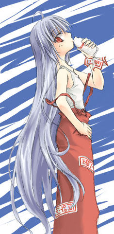 izana, izana minagi, fujiwara no mokou, touhou, silver hair, lowres, 1girl, bow, female focus, hair bow, long hair, milk, red eyes, solo, standing, suspenders, very long hair