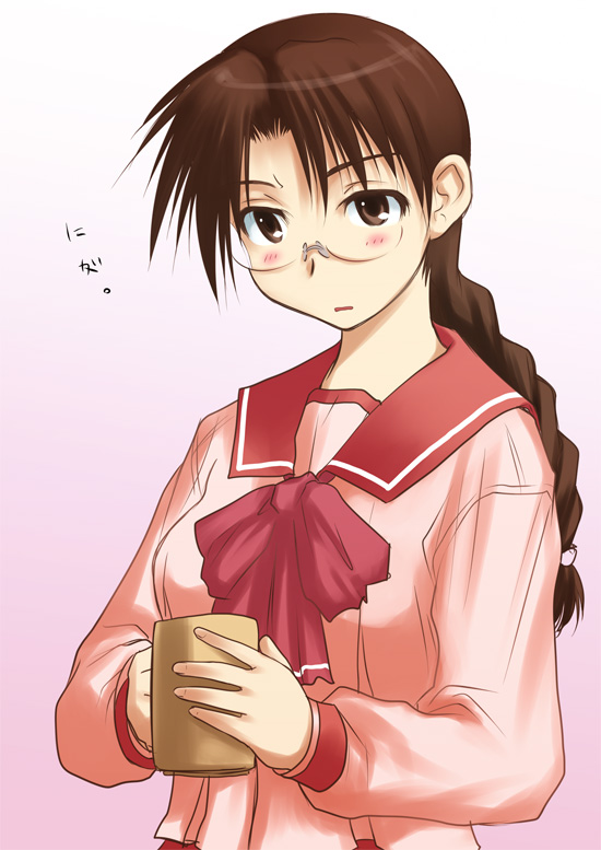 sakaki imasato, hoshina tomoko, to heart, to heart (series), 1girl, bow, bowtie, braid, brown eyes, brown hair, cup, female focus, glasses, gradient background, holding, holding cup, long hair, long sleeves, looking at viewer, parted bangs, pink background, red bow, red bowtie, rimless eyewear, school uniform, serafuku, single braid, solo, upper body