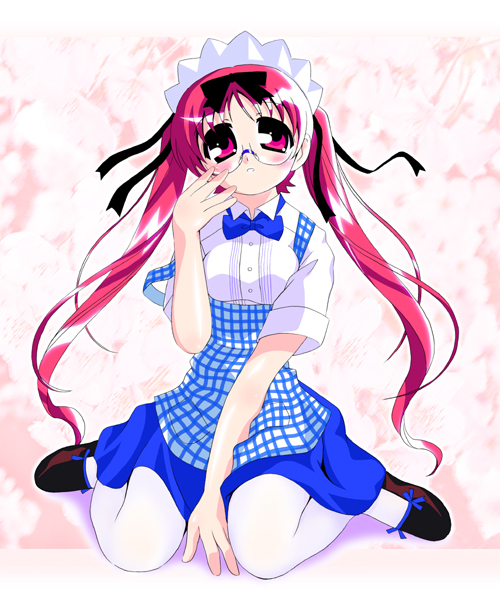 bells (artist), original, 1girl, adjusting eyewear, apron, blouse, blue bow, blue bowtie, bow, bowtie, female focus, gingham apron, glasses, kobeya uniform, long hair, outside border, pantyhose, pink background, pink eyes, pink hair, plaid apron, plaid clothes, shirt, solo, twintails, very long hair, waitress, white pantyhose, white shirt