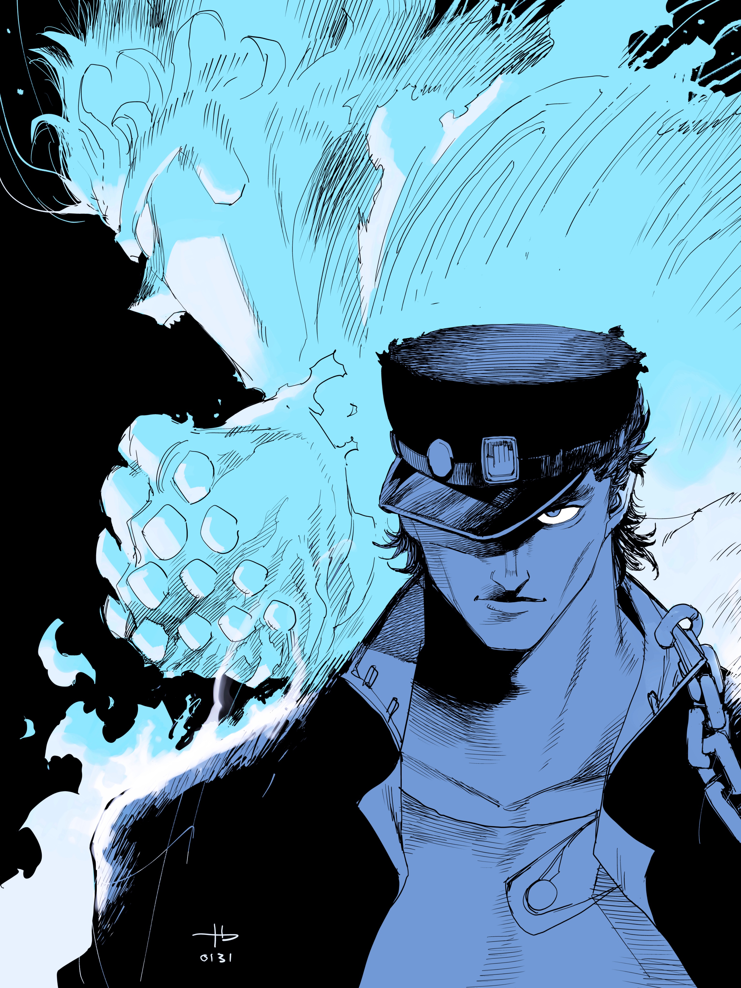 manabu yashiro, kuujou joutarou, stand (jojo), star platinum, jojo no kimyou na bouken, stardust crusaders, absurdres, highres, 1boy, 1other, blue theme, chain, coat, hat over one eye, limited palette, male focus, signature