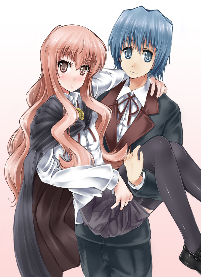 abubu, ayasaki hayate, kugimiya rie, louise francoise le blanc de la valliere, sanzen'in nagi, hayate no gotoku!, zero no tsukaima, bad id, 00s, 1boy, 1girl, cape, carrying, cosplay, crossover, long hair, louise francoise le blanc de la valliere (cosplay), pentacle, pink eyes, pink hair, princess carry, thighhighs, voice actor connection